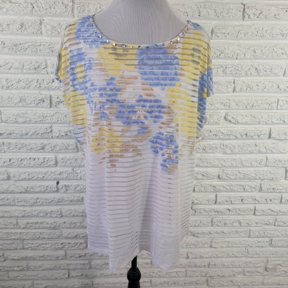 Hearts of‎ Palm Women Top 1X Plus Tee Mesh Blue Floral Sheer with Tank FLO166E